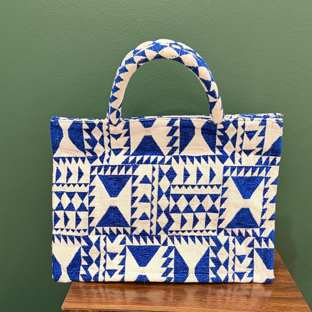 Marabu Blue and White Geometric Tote  Beach Bag